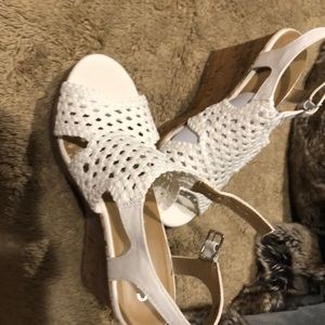 White crochet wedge sandals